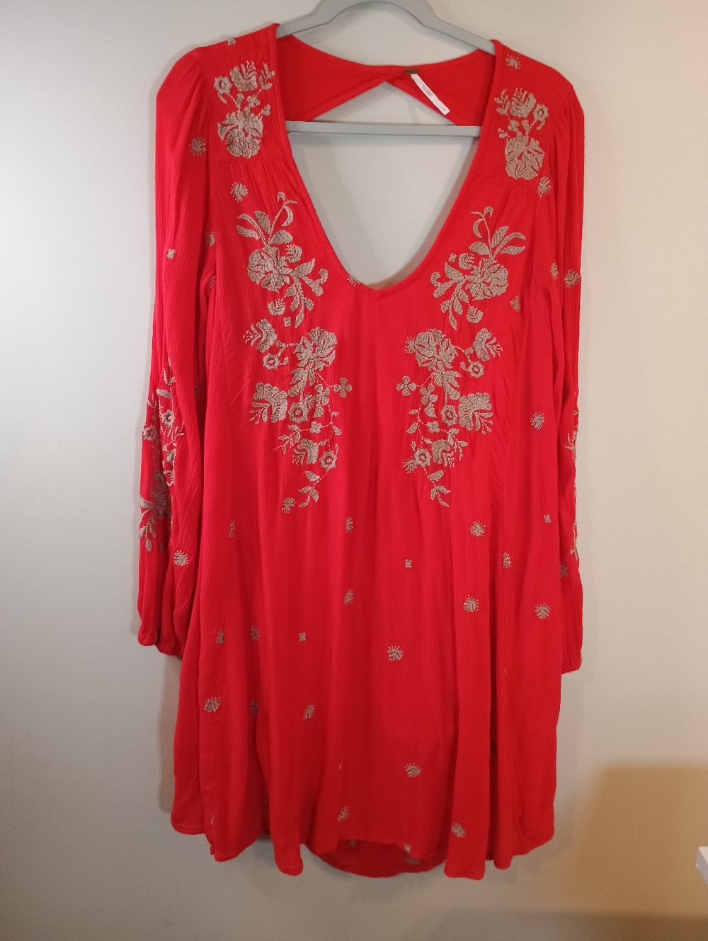 Free People Embroidered Red V-Neck Womens Dress Size L - Picture 4 of 11